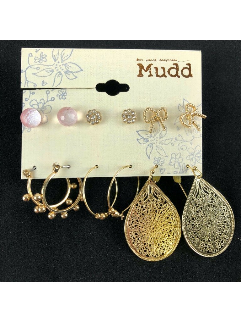 Mudd Stud Earrings Gift Set 6 Pairs Gold-Toned Stud Hoop Dangle 16$